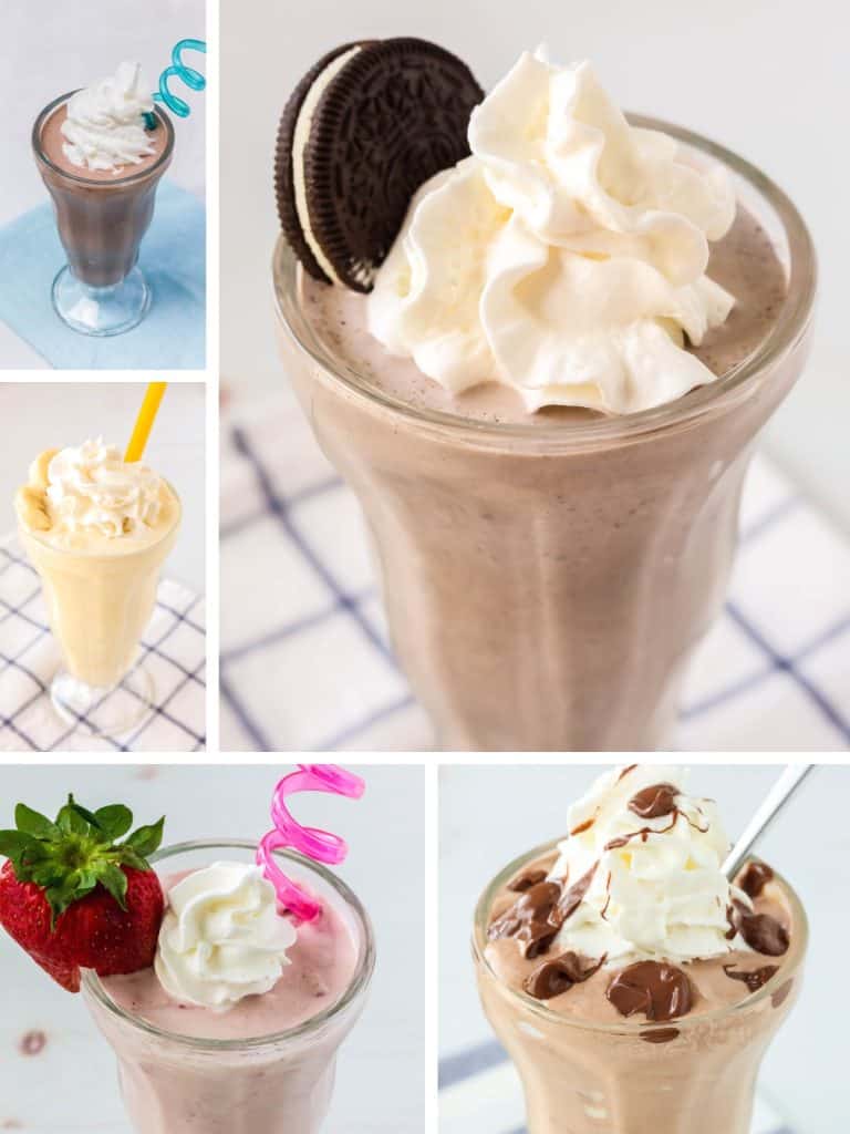collage image featuring five Ninja Creami milkshake recipes.