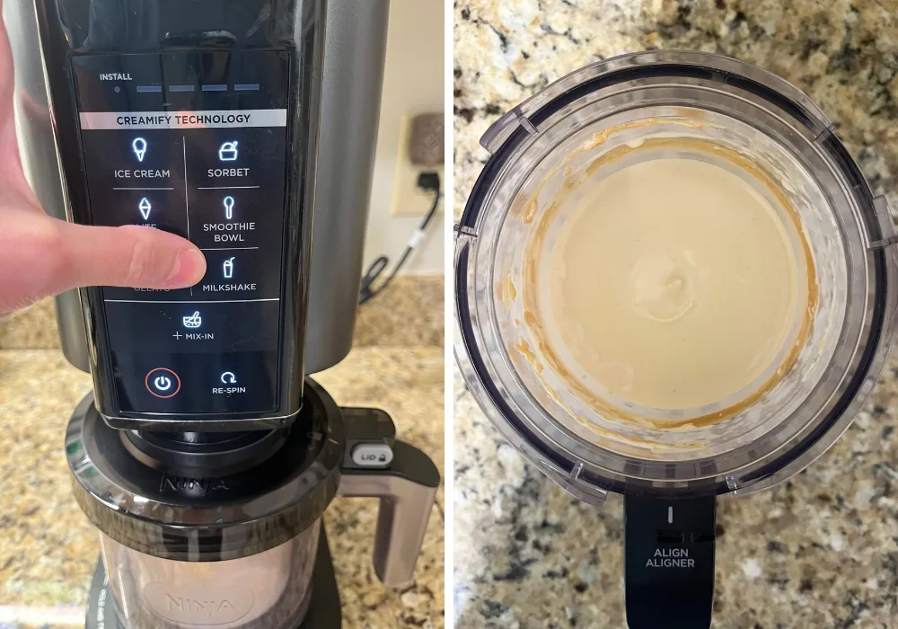 two photos; one shows a finger pointing to the milkshake button on a ninja creami machine; the other shows the milkshake after processing in the machine.