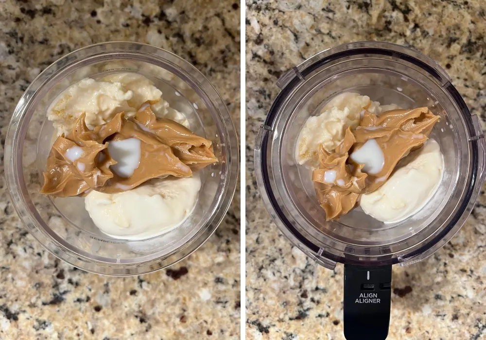 two photos; one shows ice cream, peanut butter, and milk in a ninja creami pint container; the other shows the container in the machine's outer bowl.