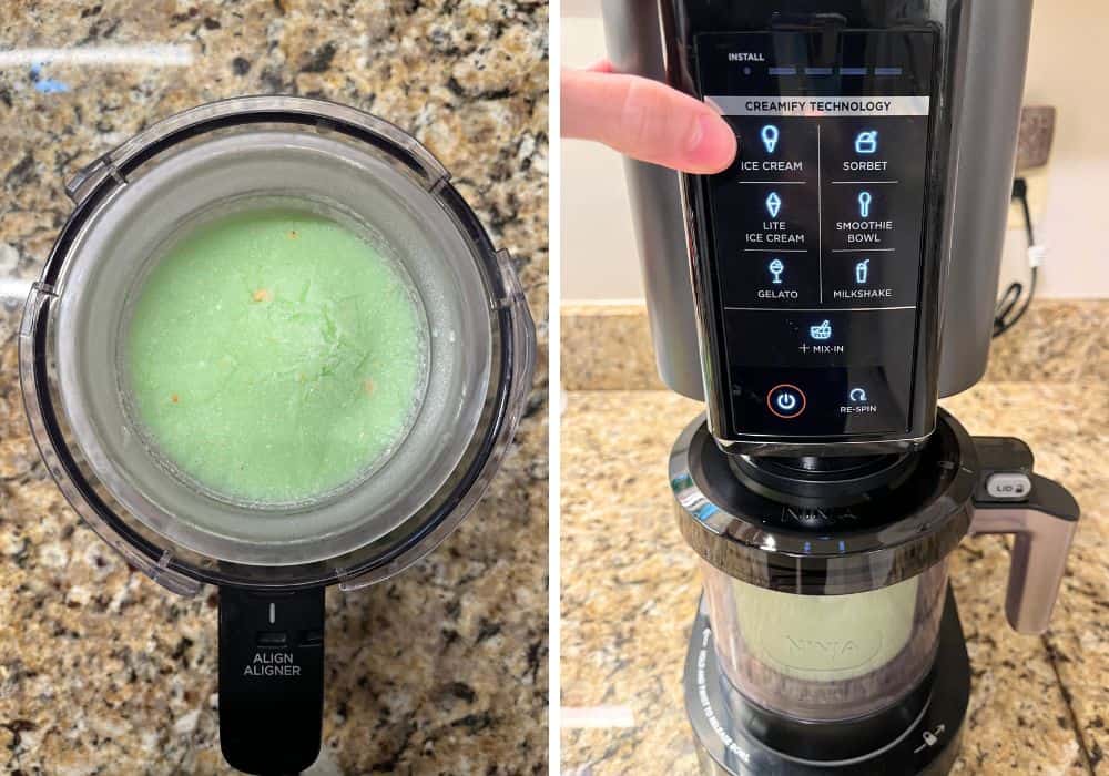 two photos; one shows the frozen base for making pistachio cherry ice cream; the other shows the pistachio ice cream in the ninja creami machine, with a finger pointing to the ice cream button on the machine.