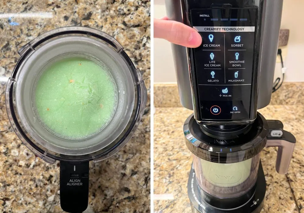two photos; one shows the frozen base for making pistachio cherry ice cream; the other shows the pistachio ice cream in the ninja creami machine, with a finger pointing to the ice cream button on the machine.