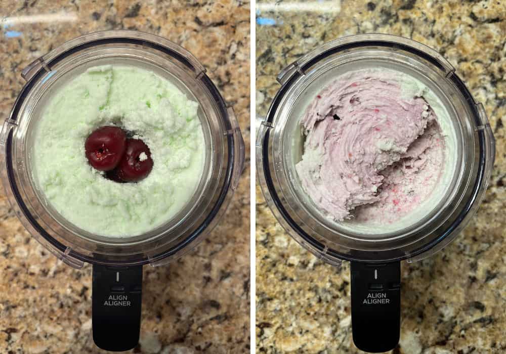 two photos; one shows pistachio pudding ice cream in a ninja creami pint container, with a few fresh cherries added to the center of the ice cream for a mix-in cycle.