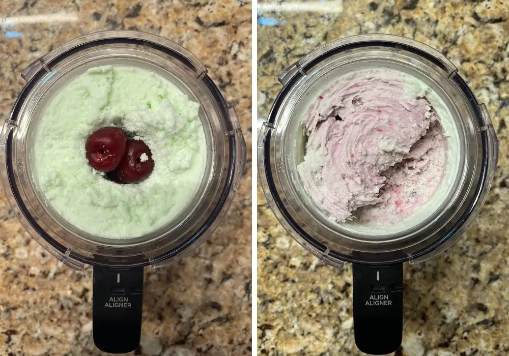 two photos; one shows pistachio pudding ice cream in a ninja creami pint container, with a few fresh cherries added to the center of the ice cream for a mix-in cycle.