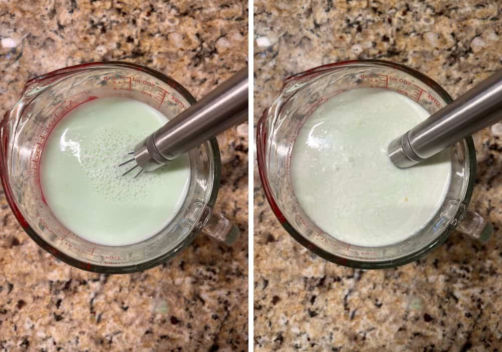 two photos; one shows milk and pistachio pudding mix whisked together in a liquid measuring cup; the other shows heavy cream and almond extract added.