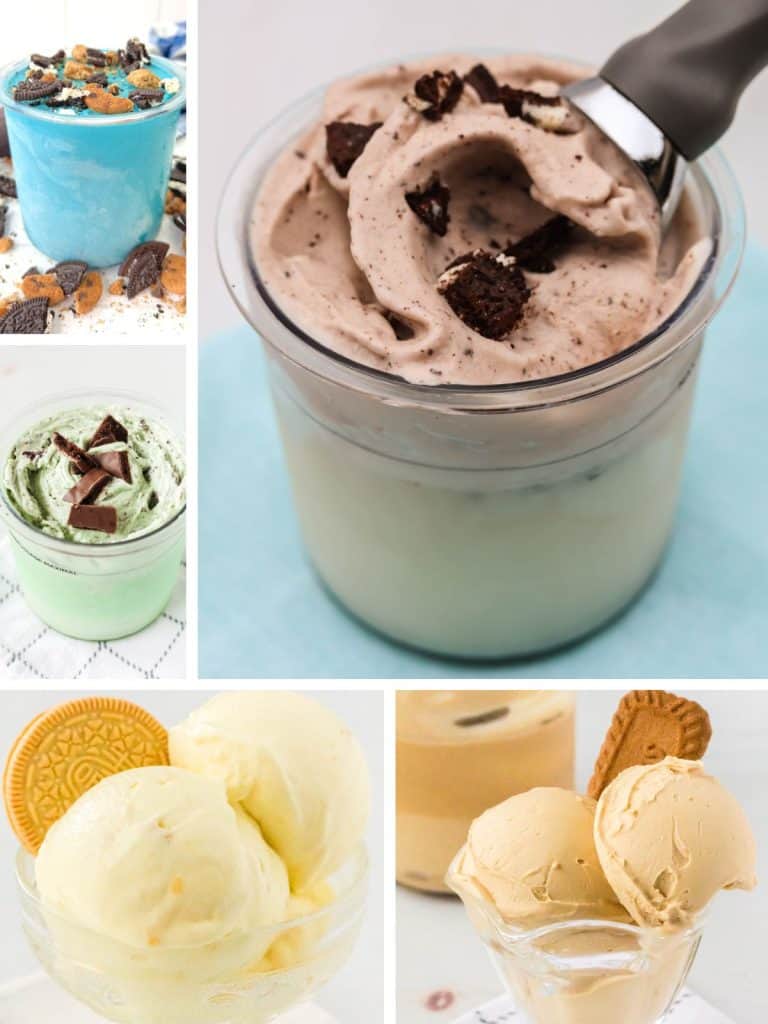 collage image featuring five photos of Ninja Creami cookie ice cream recipes, such as Cookie Monster, Thin Mint, Cookies and Cream, Lemon Cookie, and Biscoff cookie ice creams.