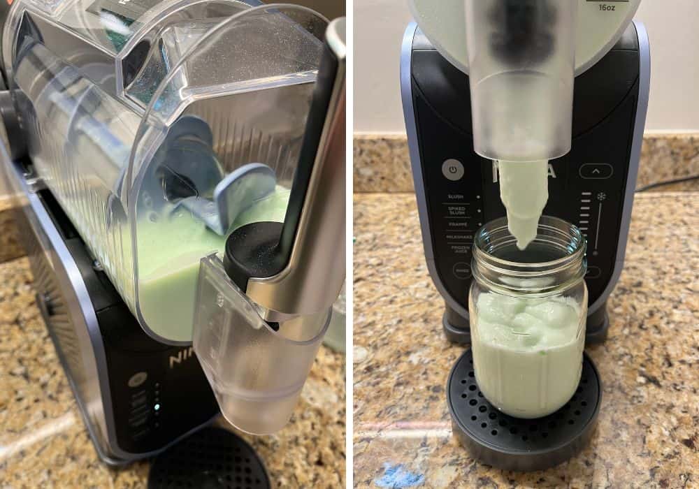two photos; one shows the pistachio milkshake mixture churning in the Ninja Slushi machine; the other shows the milkshake being dispensed from the machine into the glass.
