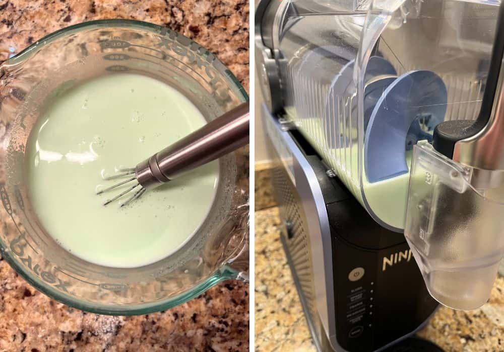 two photos; one shows a liquid measuring cup with all milkshake ingredients whisked together; the other shows the mixture added to the Ninja Slushi machine.