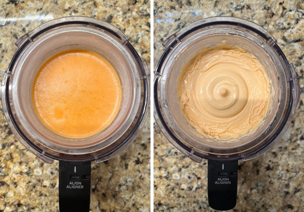 two photos; one shows the frozen candy corn ice cream base; the other shows the ice cream base after spinning in the Ninja Creami machine.