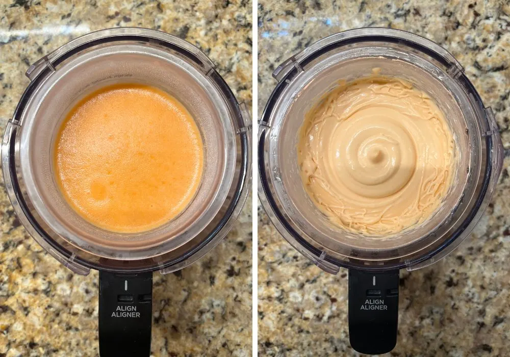 two photos; one shows the frozen candy corn ice cream base; the other shows the ice cream base after spinning in the Ninja Creami machine.