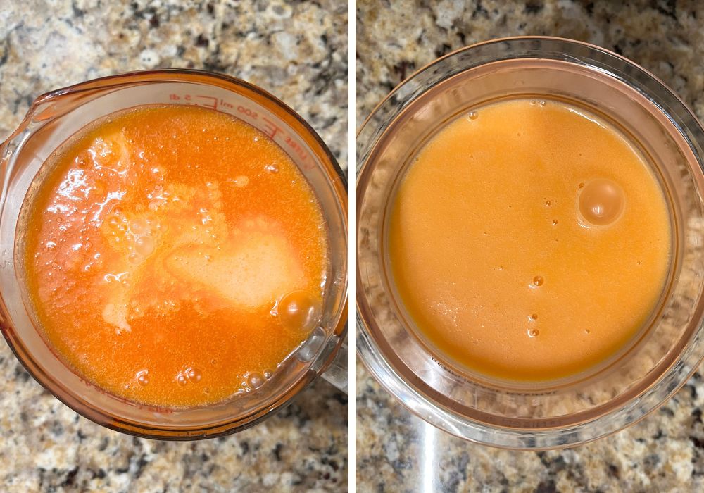 two photos; one shows melted candy corn mixture and milk in a large liquid measuring cup; the other shows the mixture combined in a pint container.