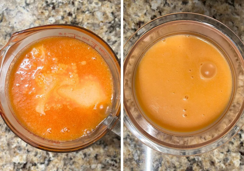 two photos; one shows melted candy corn mixture and milk in a large liquid measuring cup; the other shows the mixture combined in a pint container.