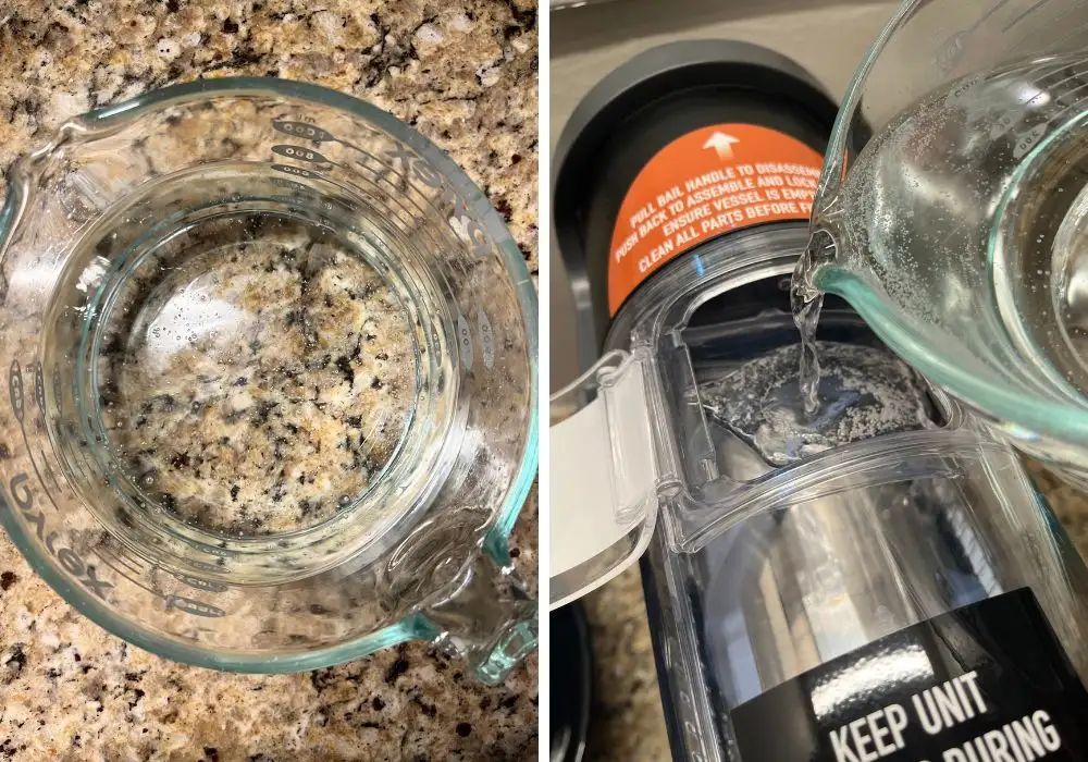 two photos; one shows Sprite in a glass measuring cup; the other shows the Sprite being poured into the opening at the top of the Ninja Slushi machine.