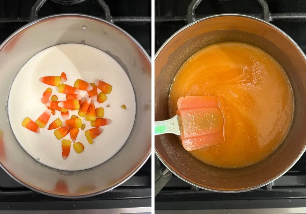 two photos; one shows a small saucepan with heavy cream and candy corns in it; the other shows a spatula stirring the mixture as it melts together.