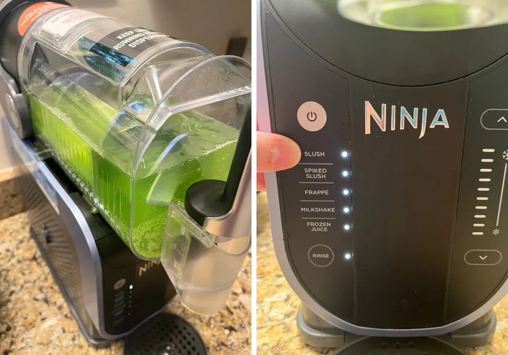 two photos; one shows the liquid mixture for Halloween slush in the Ninja Slushi machine; the other shows a finger pointing to the Slush button on the machine.