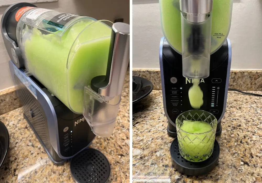 two photos; one shows the witches' brew slush nearing completion in the Ninja Slushi machine; the other shows the slush being dispensed into a glass.