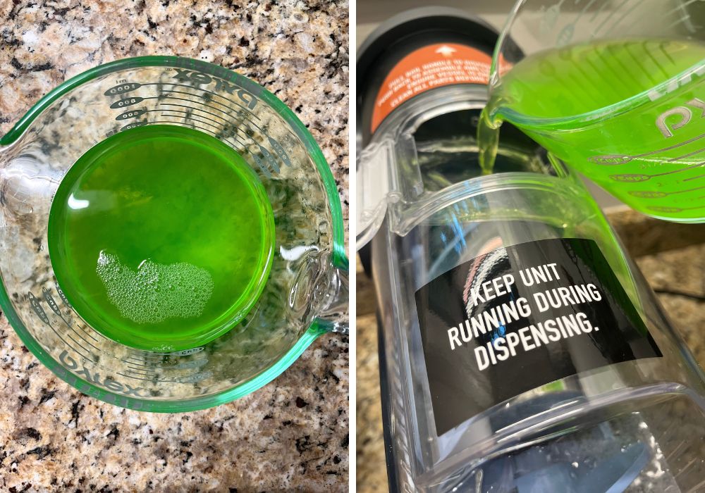 two photos; one shows green Hawaiian Punch in a measuring cup; the other shows it being poured into the Ninja Slushi machine.