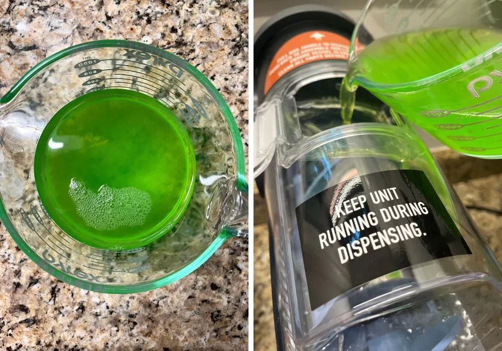 two photos; one shows green Hawaiian Punch in a measuring cup; the other shows it being poured into the Ninja Slushi machine.