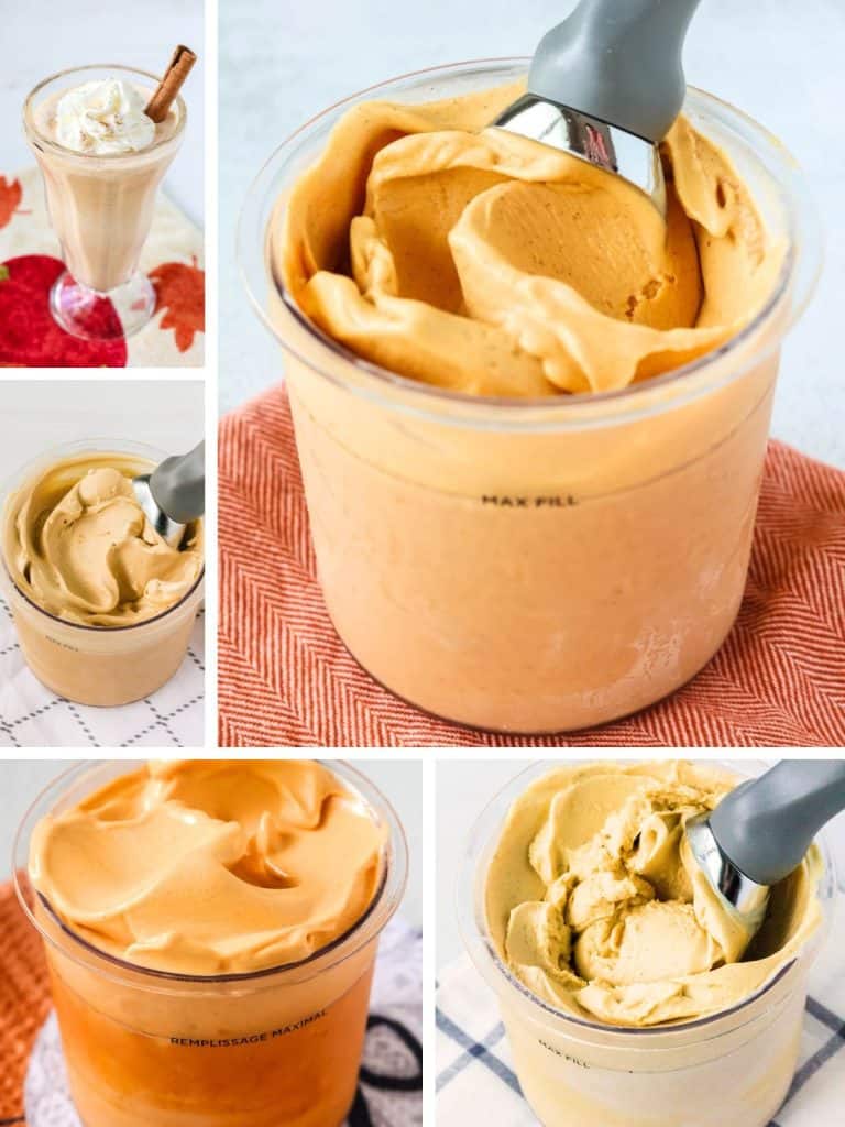 collage image featuring five different Ninja Creami pumpkin recipes