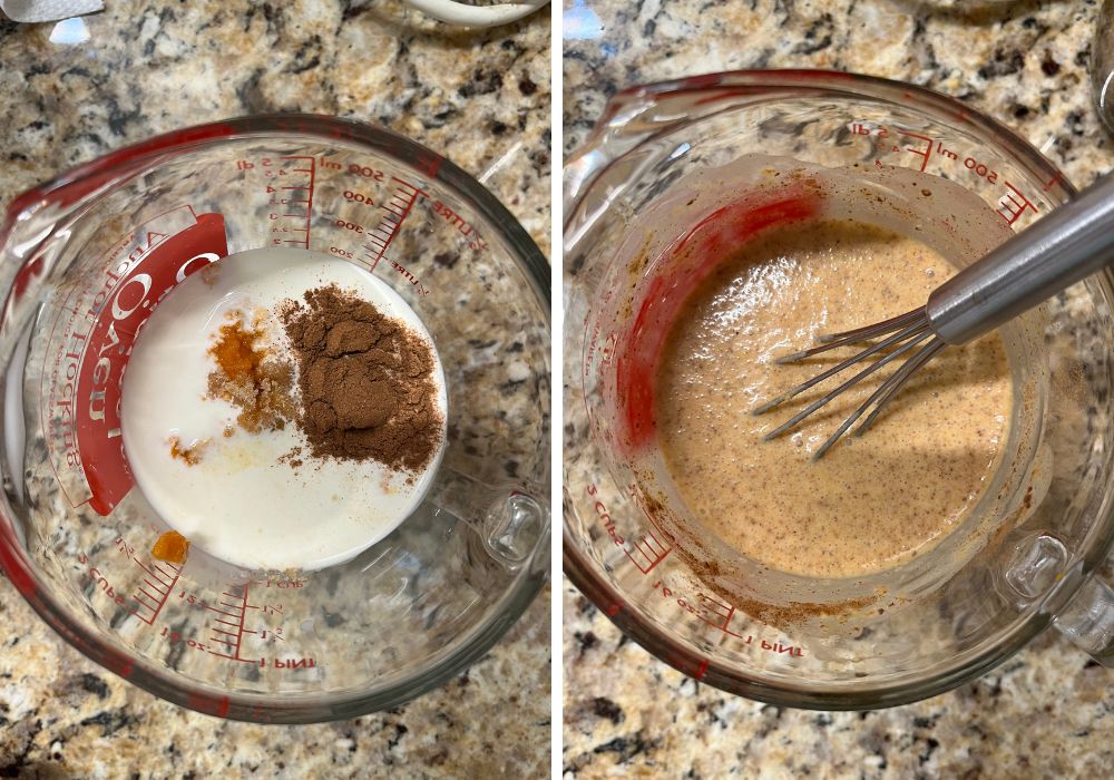 two photos; one shows ingredients for pumpkin ice cream in a liquid measuring cup; the other shows the ingredients whisked together.