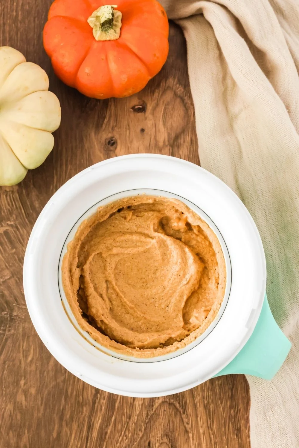overhead view of pumpkin ice cream in a Dash My Mug bowl, with two pumpkins next to it.