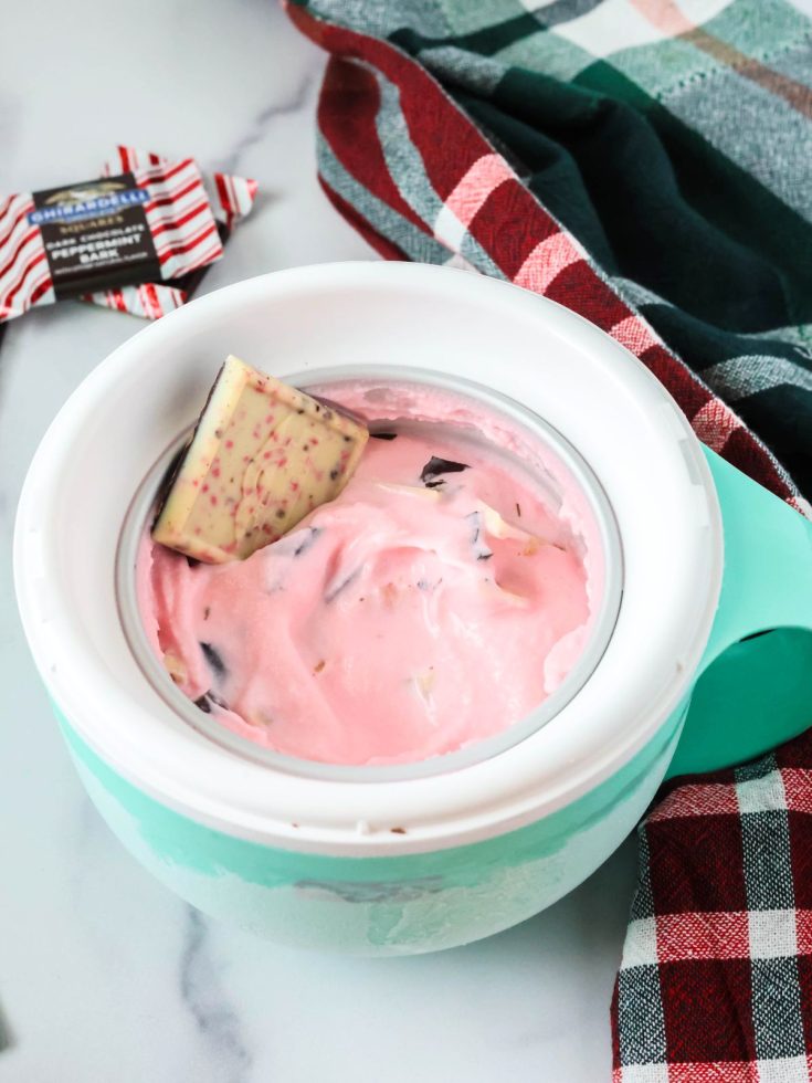 Dash My Mug peppermint bark ice cream served in the mug bowl, garnished with a square of peppermint bark candy.
