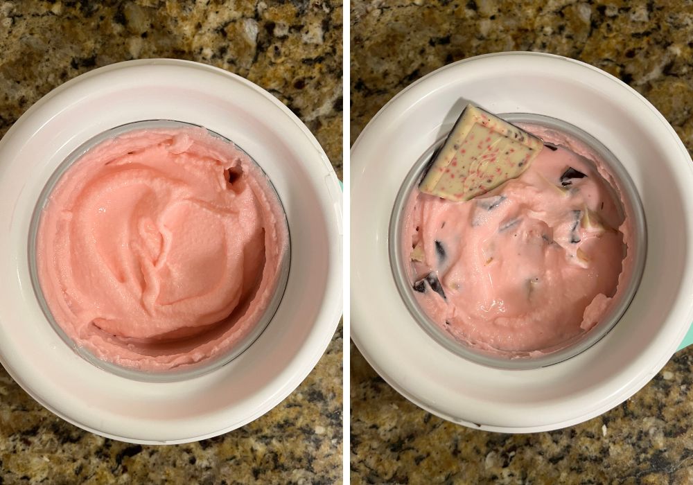 two photos; one shows freshly-churned soft serve peppermint ice cream in a Dash mug, the other shows peppermint bark pieces added to the ice cream.