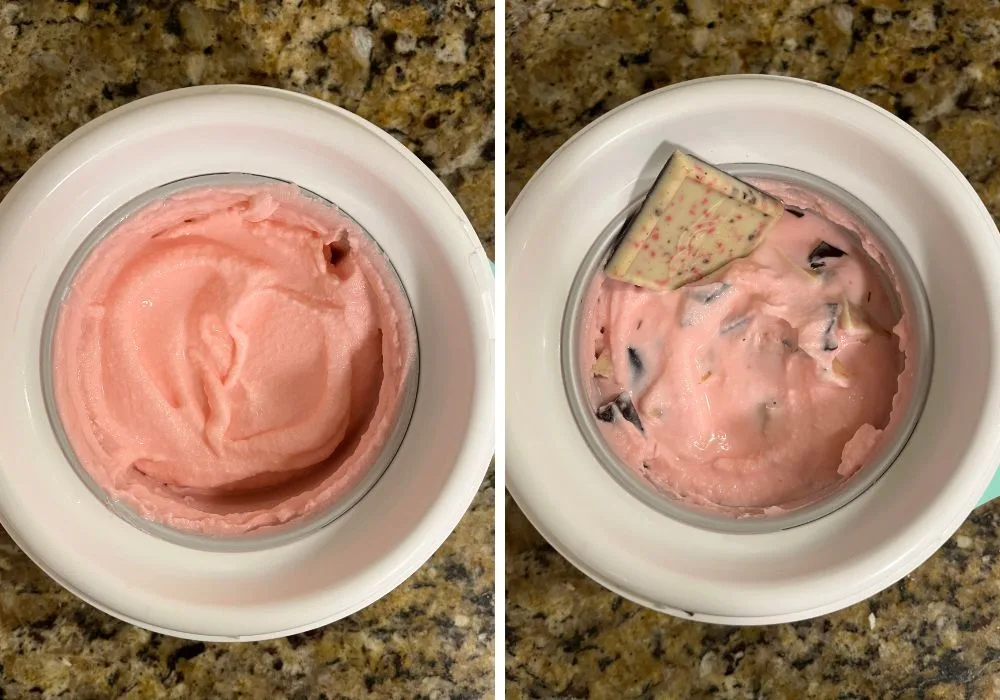 two photos; one shows freshly-churned soft serve peppermint ice cream in a Dash mug, the other shows peppermint bark pieces added to the ice cream.