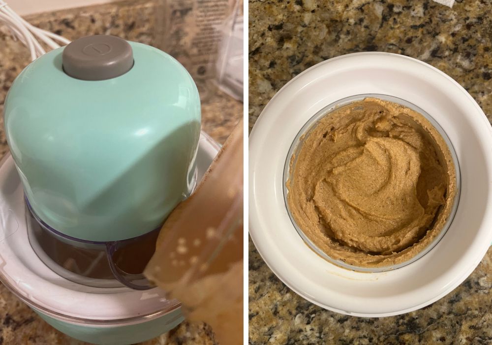 two photos; one shows pumpkin ice cream base being poured into the Dash My Mug ice cream maker; the other shows the ice cream after churning and freezing.