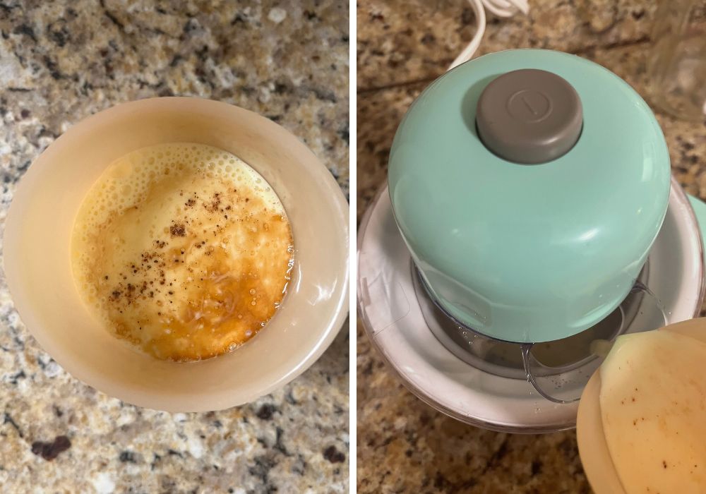 two photos; one shows ingredients for eggnog ice cream in a measuring cup; the other shows the ingredients being poured into the Dash My Mug ice cream maker.