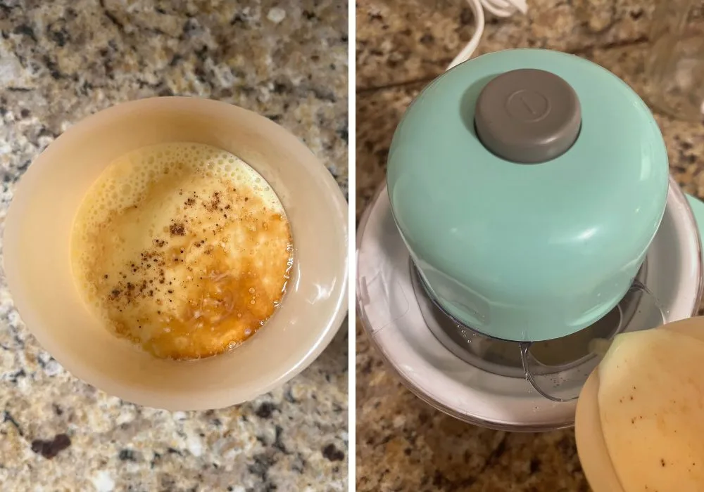two photos; one shows ingredients for eggnog ice cream in a measuring cup; the other shows the ingredients being poured into the Dash My Mug ice cream maker.
