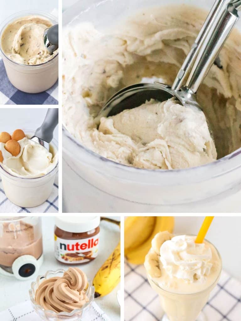 collage image featuring five photos of Ninja Creami banana ice cream recipes.