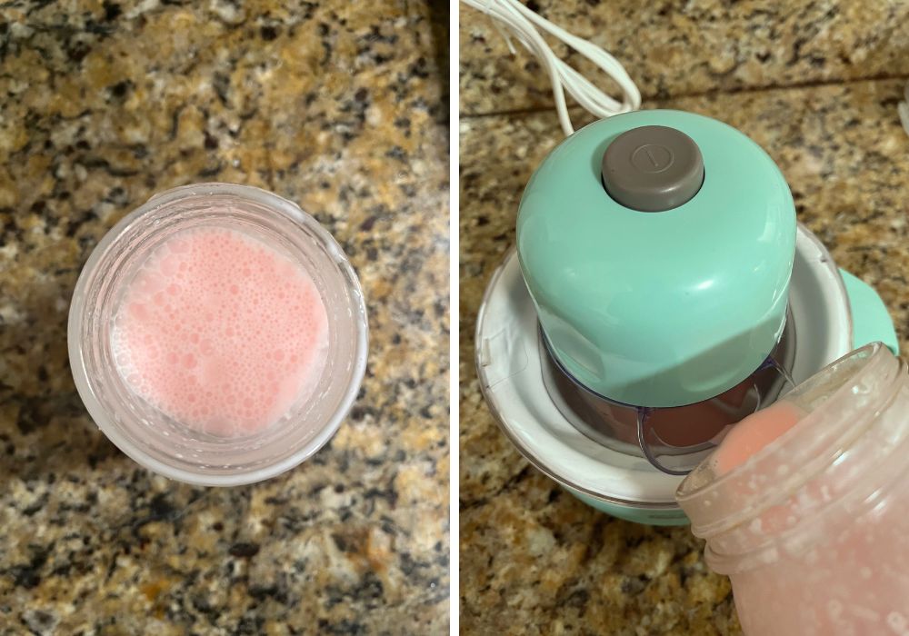 two photos; one shows the ingredients for the peppermint ice cream base, mixed in a jar. The other shows the base being poured into the Dash My Mug ice cream maker.