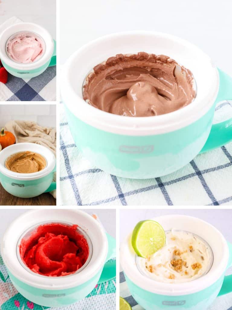 collage image featuring five photos of Dash Ice Cream recipes.