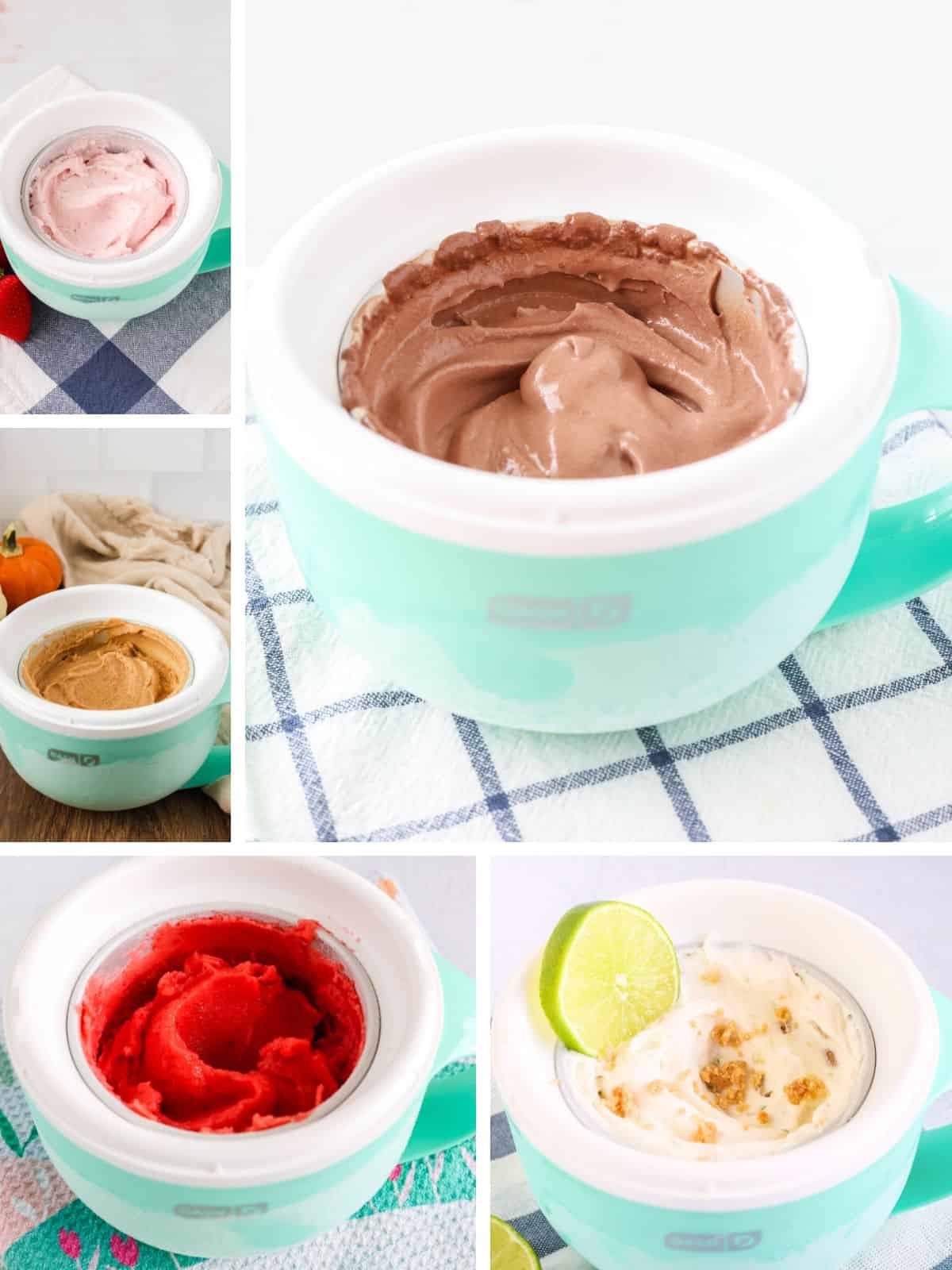 collage image featuring five photos of Dash Ice Cream recipes.