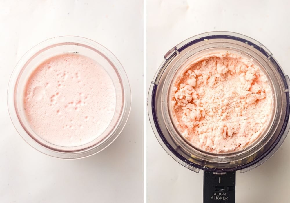 two photos; one shows the pint container of strawberry cheesecake ice cream after freezing for 24 hours; the next shows the ice cream after its initial spin in the Ninja Creami machine.