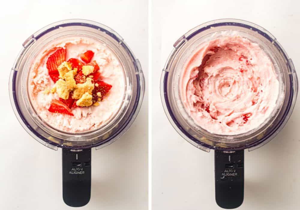 two photos; one shows strawberries and graham cracker pieces in the well of strawberry cheesecake ice cream; the other shows the ice cream after using the Mix-in function of the Ninja Creami machine.