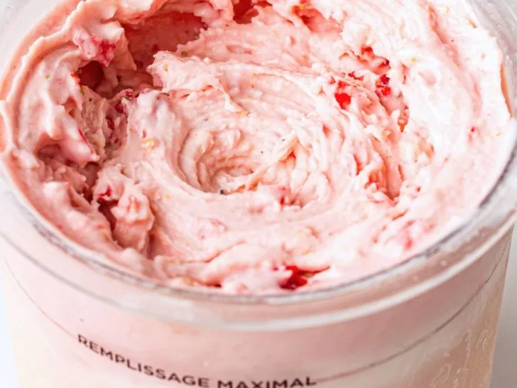 Ninja Creami strawberry cheesecake ice cream in a pint container.