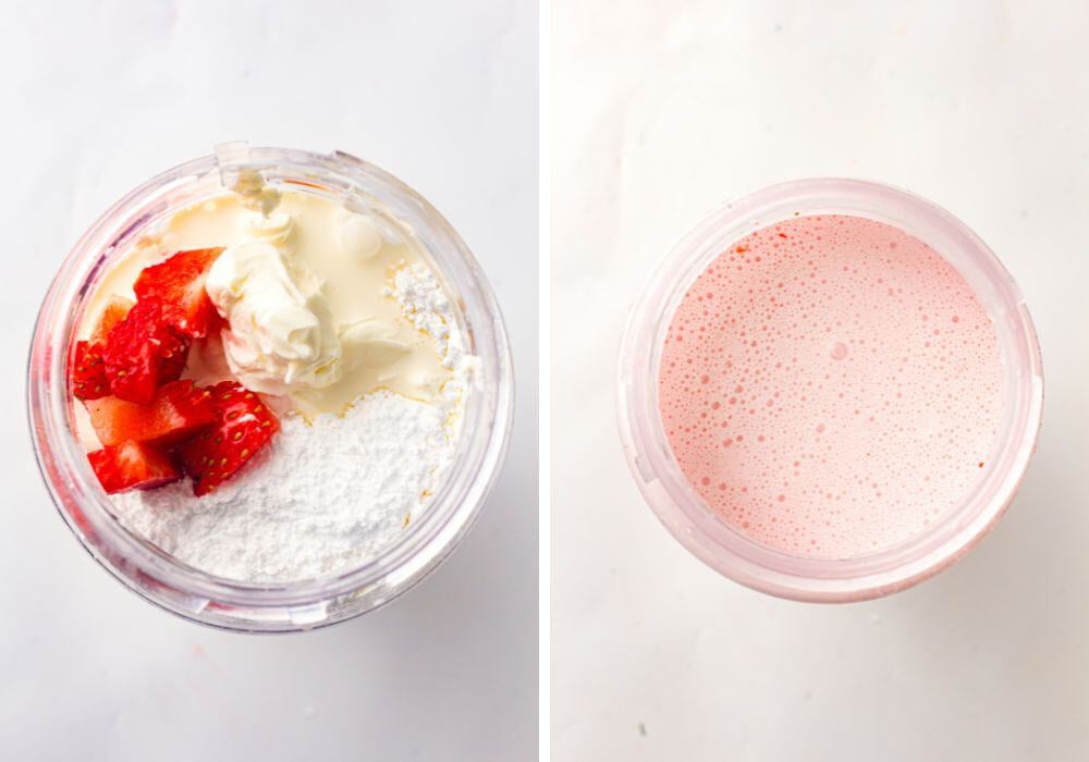 two photos; one shows milk, heavy cream, powdered sugar, vanilla extract, cream cheese, and chopped strawberries in a blender jar. The other shows the mixture after being blended until smooth.