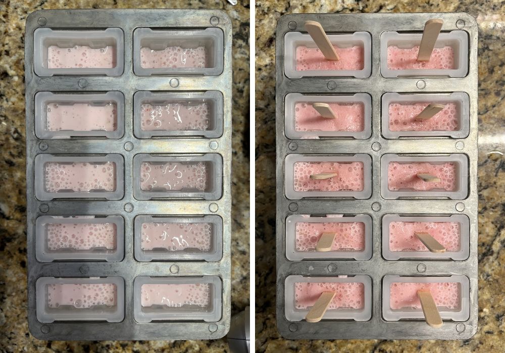 two photos; one shows strawberry yogurt mixture in the wells of a popsicle mold; the other shows the pops once they're frozen.