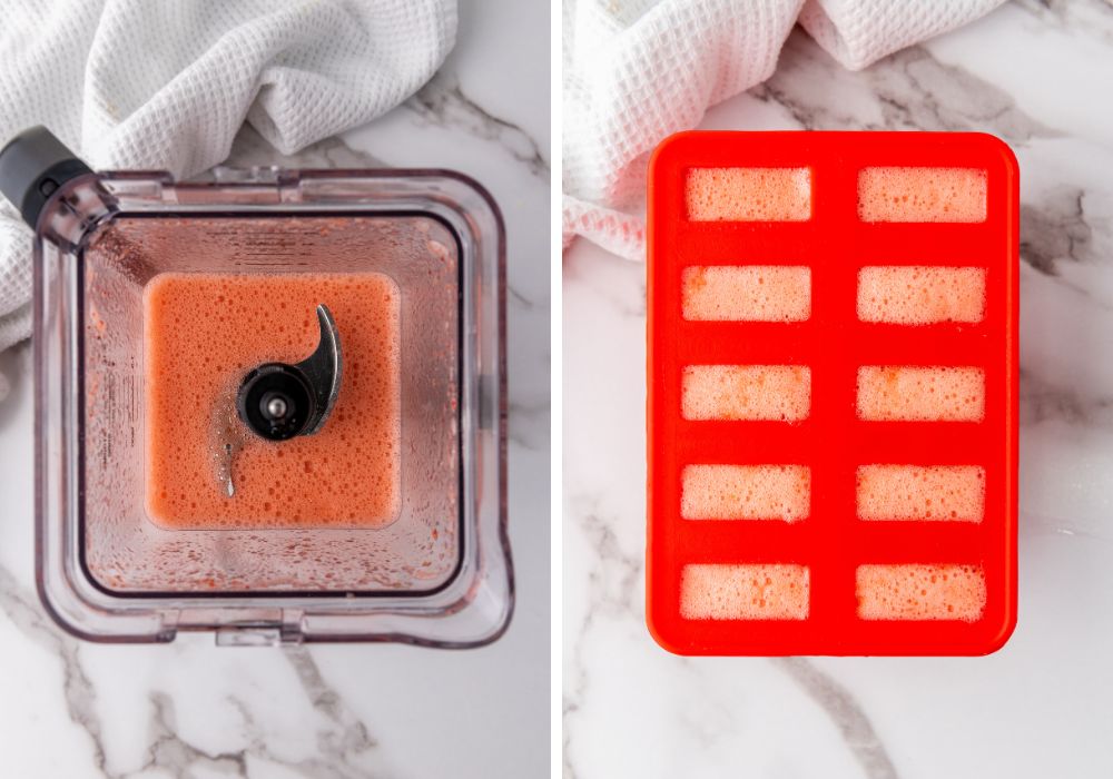 two photos; one shows blender with strawberry lemon popsicle liquid in it; the other shows the mixture poured into a popsicle mold.