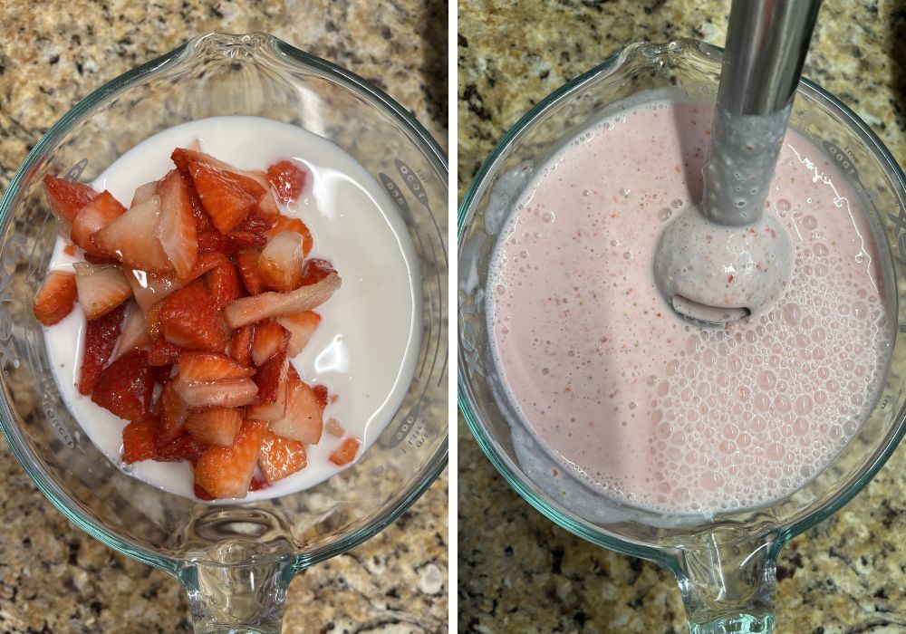 two photos; one shows macerated strawberries and their juices added to a bowl with milk and greek yogurt; the other shows an immersion blender blending the mixture until smooth.