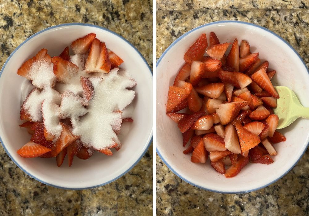 two photos; one shows sliced strawberries with sugar in a small bowl; the other shows the berries after being macerated for about 15 minutes.