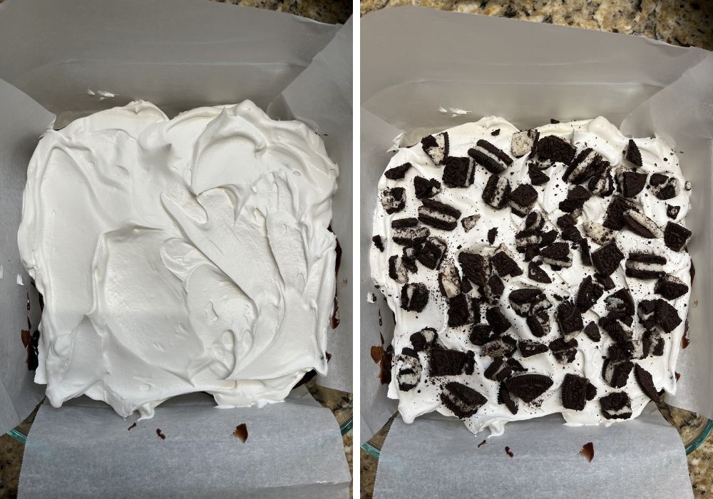 two photos; one shows Cool Whip spread over the base of the ice cream sandwich cake; the other shows chopped Oreos added on top.