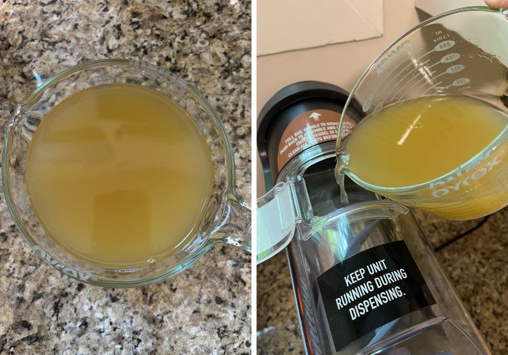 two photos; one shows peach juice and ginger ale in a large liquid measuring cup; the other shows the liquid being poured into the opening at the top of the Ninja SLushi machine.