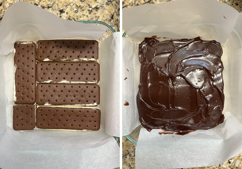 two photos; one shows ice cream sandwiches lining the bottom of a dish; the other shows hot fudge sauce spread over the sandwiches.