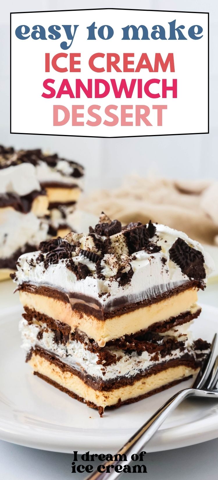 Slice of ice cream sandwich cake made with Oreos, served on a white plate.