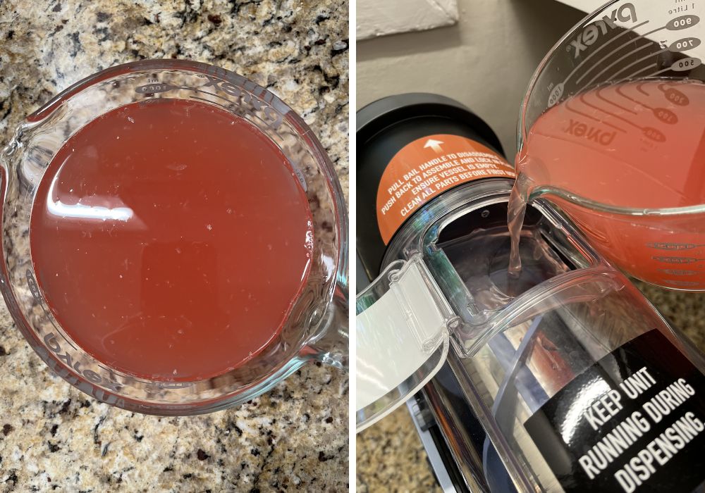 two photos; one shows watermelon juice and limeade combined in a large liquid measuring cup; the other shows the juices being poured into the pour hole of the Ninja Slushi machine.