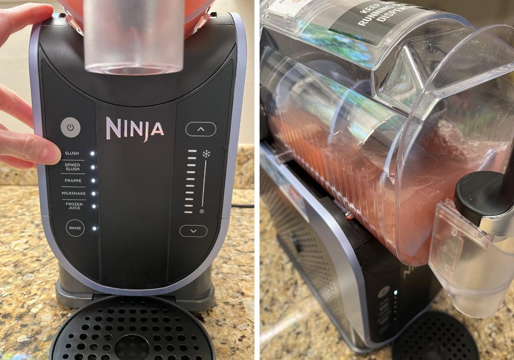two photos; one shows a finger pointing to the Slush button on a Ninja Slushi machine; the other shows watermelon juice and limeade being churned in the Ninja Slushi machine.