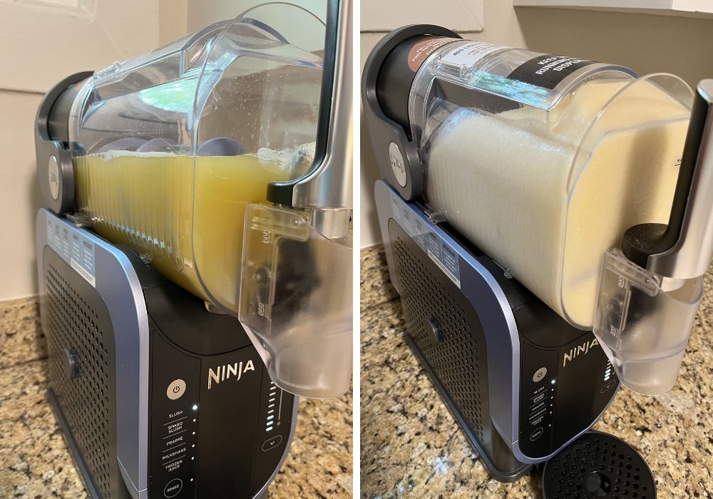 Two photos; one shows peach juice and ginger ale in a Ninja Slushi machine; the other shows the mixture churned into a slush in the machine.