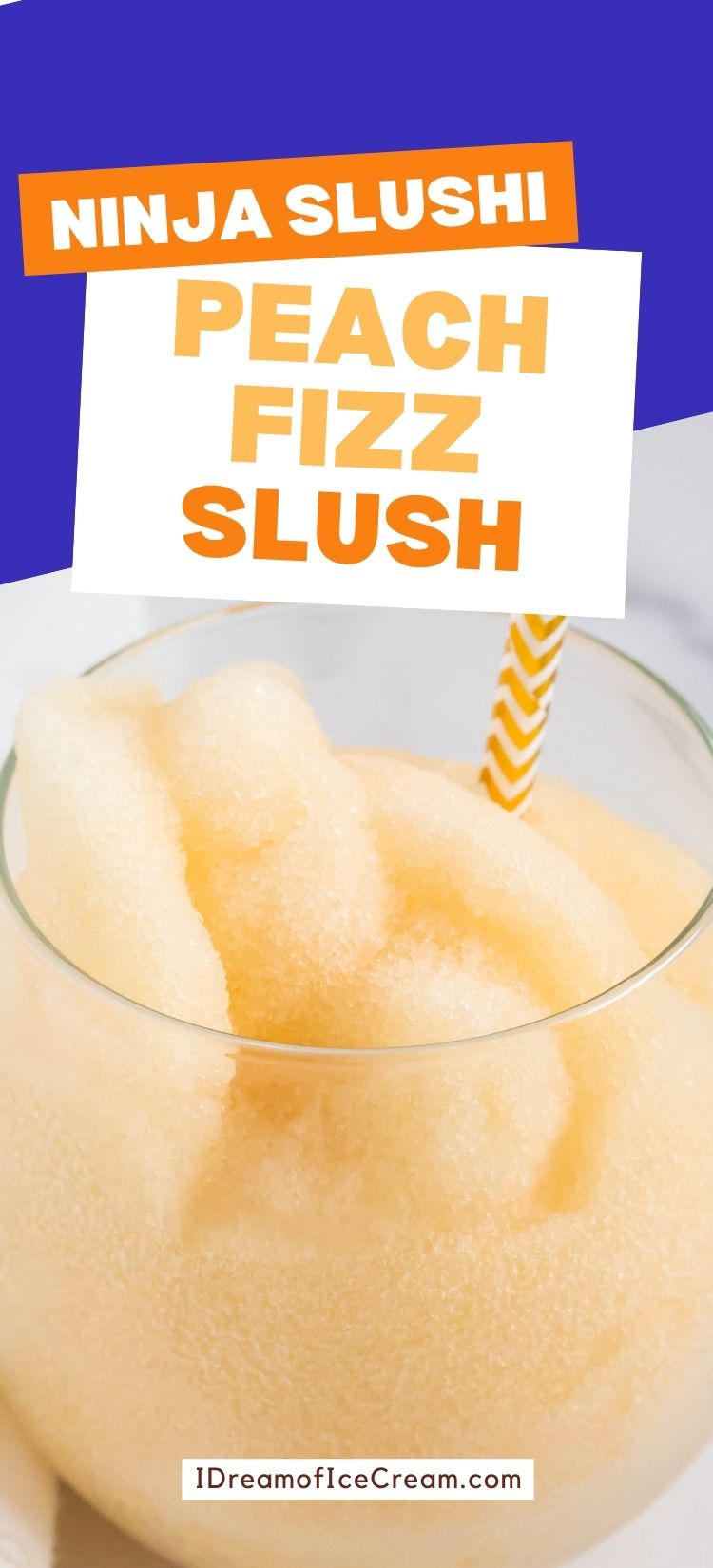 Ninja Slushi peach fizz slush in a glass with a gold and white straw